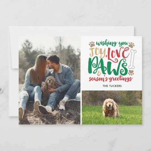 Joy Love Paws Dog Season Greetings Red 2-Foto Feestdagenkaart (Voorkant)
