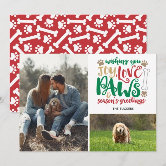 Joy Love Paws Dog Season Greetings Red 2-Foto Feestdagenkaart (Voorkant / Achterkant)