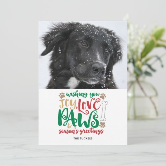 Joy Love Paws Dog Season's Greetings Red Photo Feestdagenkaart (Staand voorkant)