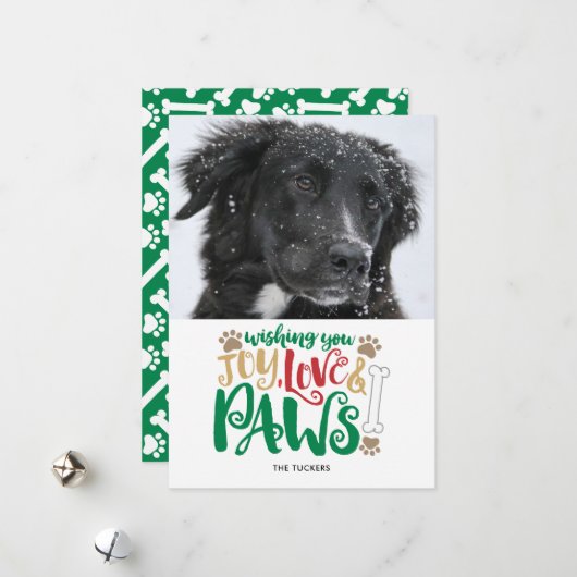 Joy Love Paws Peace Dog Foto Red Green Feestdagenkaart (Voorkant / Achterkant in situ)