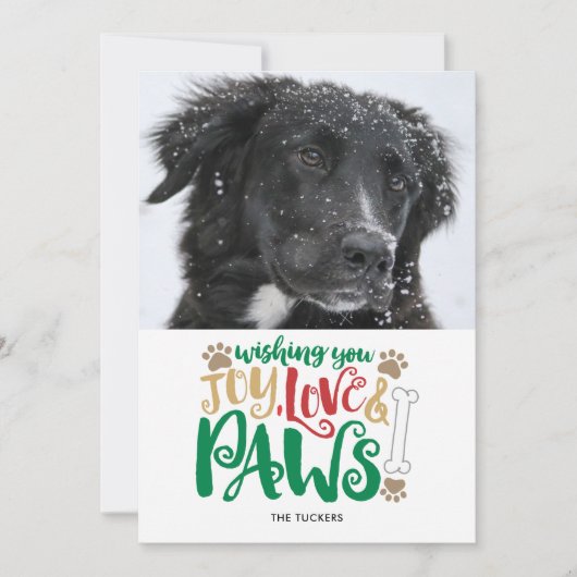Joy Love Paws Peace Dog Foto Red Green Feestdagenkaart (Voorkant)