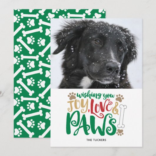Joy Love Paws Peace Dog Foto Red Green Feestdagenkaart (Voorkant / Achterkant)