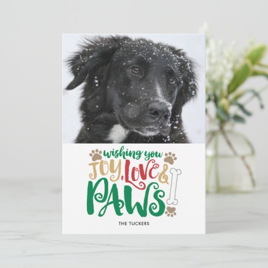 Joy Love Paws Peace Dog Foto Red Green Feestdagenkaart (Staand voorkant)