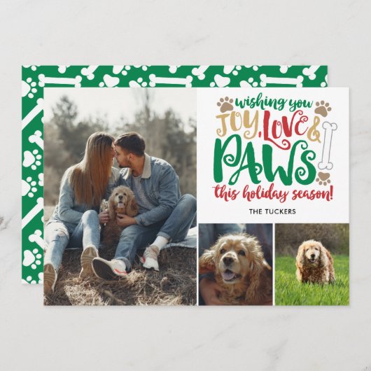 Joy Love Paws Prettige feestdagen Dog Red Green 3- Feestdagenkaart (Voorkant / Achterkant)
