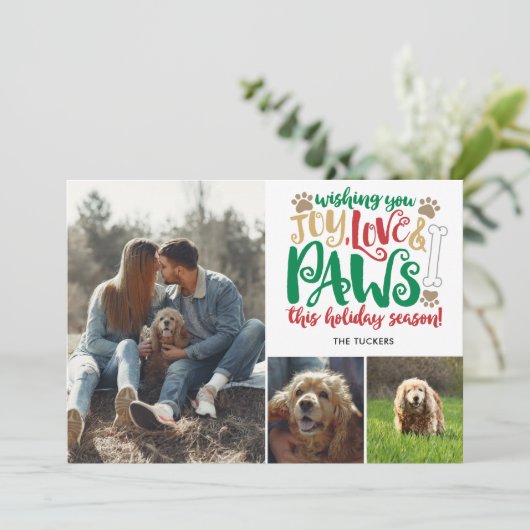 Joy Love Paws Prettige feestdagen Dog Red Green 3- Feestdagenkaart (Staand voorkant)