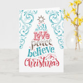 Joy Love Peace Believe Kerstmis Kaart (Gele Bloem)