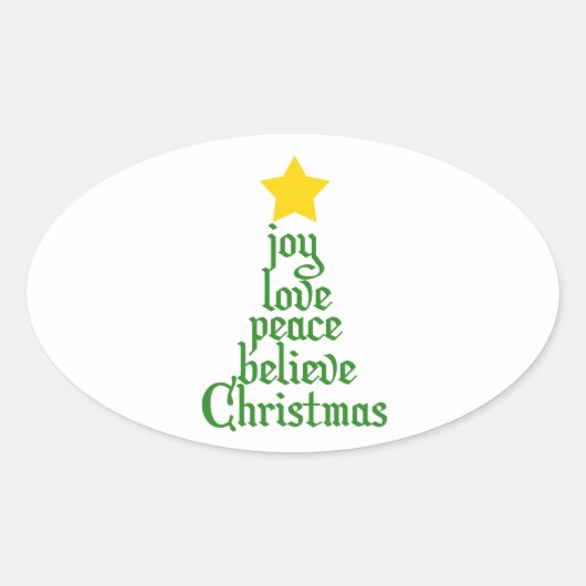 Joy, Love, Peace, Believe, Kerstmis Ovale Sticker (Voorkant)