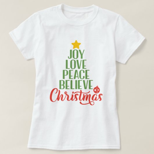 Joy, Love, Peace Believe kerstvrouwen T-Shirt (Design voorkant)