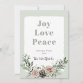Joy Love Peace Christmas Roses Pine Cone Feestdagenkaart (Voorkant)