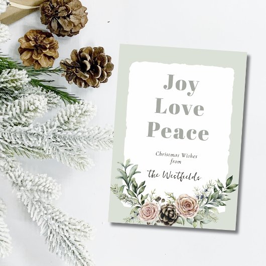 Joy Love Peace Christmas Roses Pine Cone Feestdagenkaart
