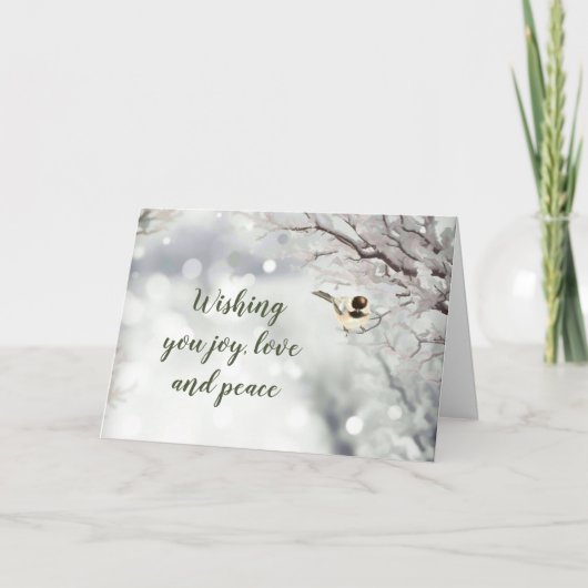 JOY LOVE PEACE Forest Snowflakes Chickadee Bird Feestdagen Kaart (Voorkant)