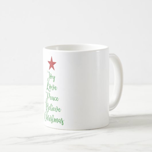 Joy Love Peace Geloof Kerstboom Met Rood Koffiemok (Voorkant rechts)
