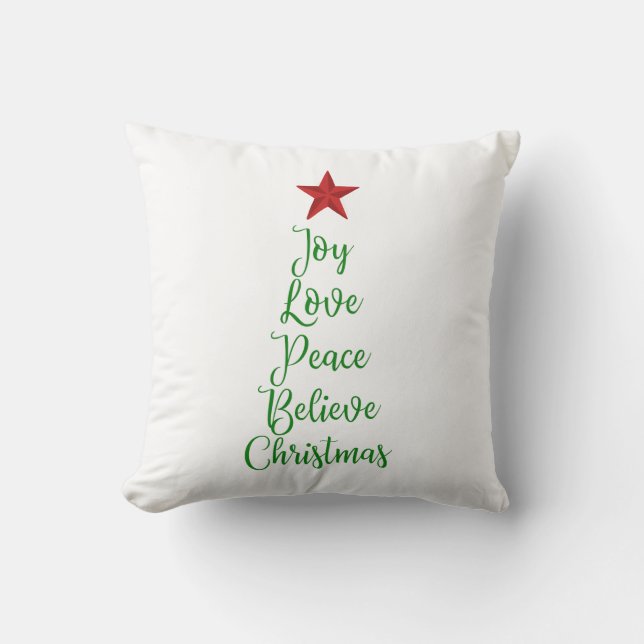 Joy Love Peace Geloof Kerstboom Met Rood Kussen (Voorkant)