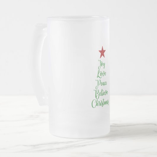 Joy Love Peace Geloof Kerstboom Met Rood Matglas Bierpul (Voorkant links)