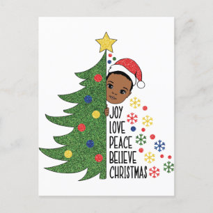 Joy love peace geloof kerstboom zwarte jongen man feestdagenkaart