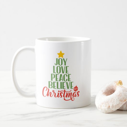 Joy, Love, Peace, Geloof, kerstboomkoffie Koffiemok (Met donut)