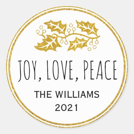 Joy Love Peace gold holly berry modern kerst Ronde Sticker (Voorkant)
