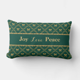 Joy Love Peace: Green & Gold Bow Throw Pillow Kussen