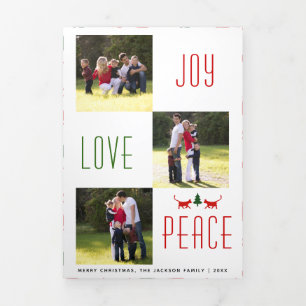 Joy Love Peace kat, boompatroon kerstfoto Drieluik Wenskaart