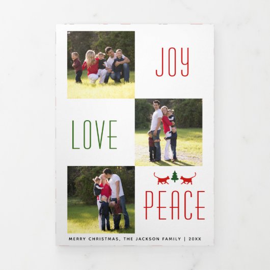 Joy Love Peace kat, boompatroon kerstfoto Drieluik Wenskaart (Cover)