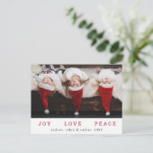 JOY LOVE PEACE Kerstmis Funny Foto Feestdagenkaart (Staand voorkant)
