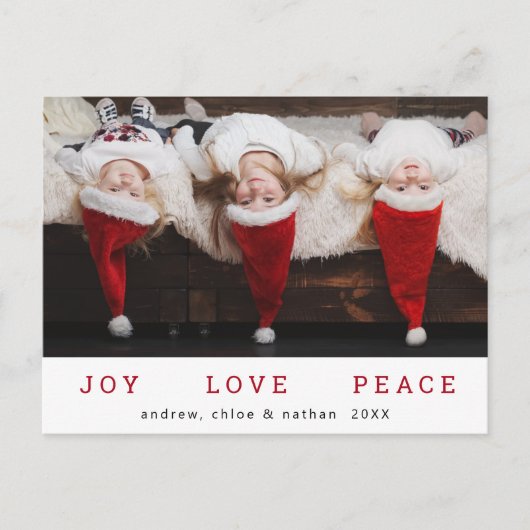 JOY LOVE PEACE Kerstmis Funny Foto Feestdagenkaart (Voorkant)