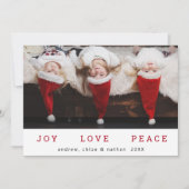 JOY LOVE PEACE Kerstmis Funny Foto Feestdagenkaart (Voorkant)