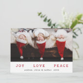 JOY LOVE PEACE Kerstmis Funny Foto Feestdagenkaart (Staand voorkant)