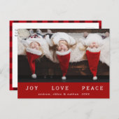 JOY LOVE PEACE Kerstmis Funny Foto Red Feestdagenkaart (Voorkant / Achterkant)