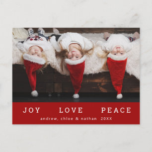 JOY LOVE PEACE Kerstmis Funny Foto Red Feestdagenkaart