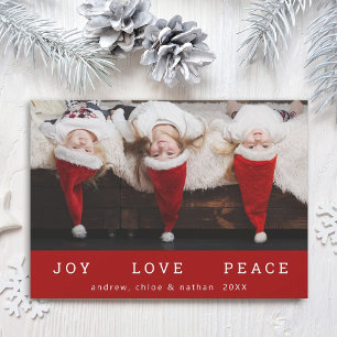 JOY LOVE PEACE Kerstmis Funny Foto Red Feestdagenkaart