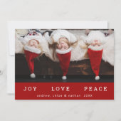 JOY LOVE PEACE Kerstmis Funny Foto Red Feestdagenkaart (Voorkant)