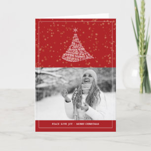 Joy Love Peace Merry Christmas Vintage Tree Photo Feestdagen Kaart