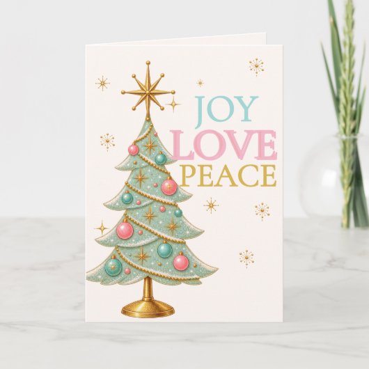 Joy Love Peace Mint Retro Kerstboom Pastel Kaart (Voorkant)