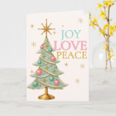 Joy Love Peace Mint Retro Kerstboom Pastel Kaart (Gele Bloem)