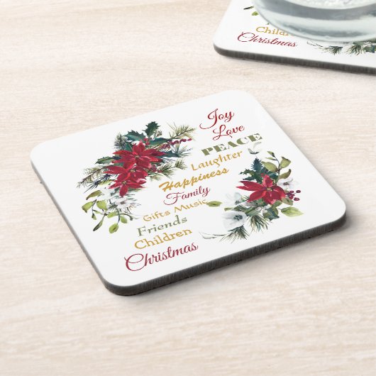 Joy Love Peace Poinsettia Kerstmis Bier Onderzetter (Linkerzijde)