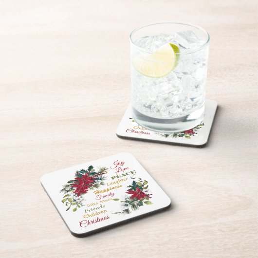 Joy Love Peace Poinsettia Kerstmis Bier Onderzetter (Rechterzijde)