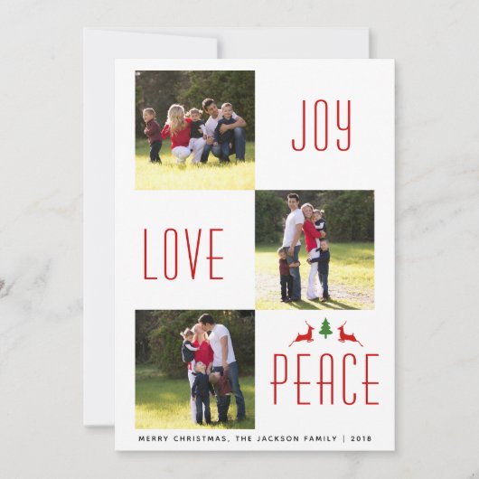 Joy Love Peace rode, witte kerstfotokaart Kaart (Voorkant)