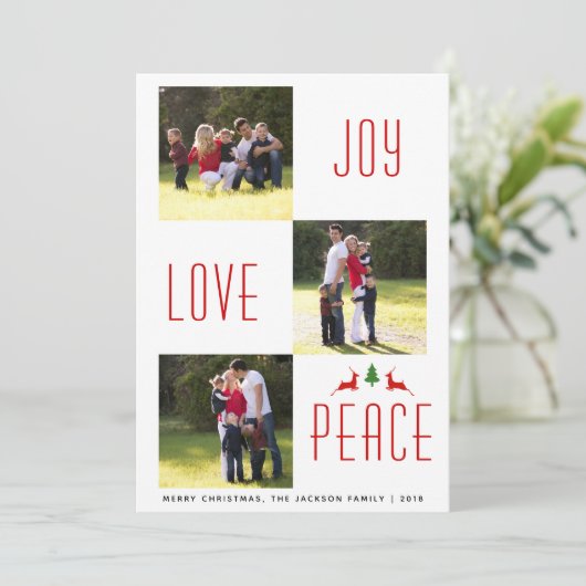Joy Love Peace rode, witte kerstfotokaart Kaart (Staand voorkant)