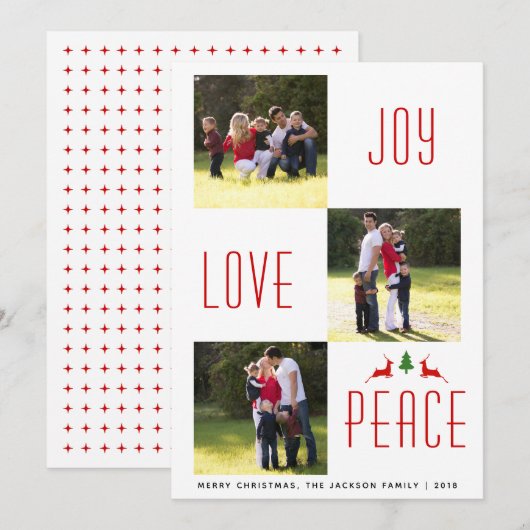 Joy Love Peace rode, witte kerstfotokaart Kaart (Voorkant / Achterkant)