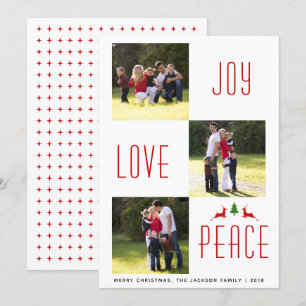 Joy Love Peace rode, witte kerstfotokaart Kaart