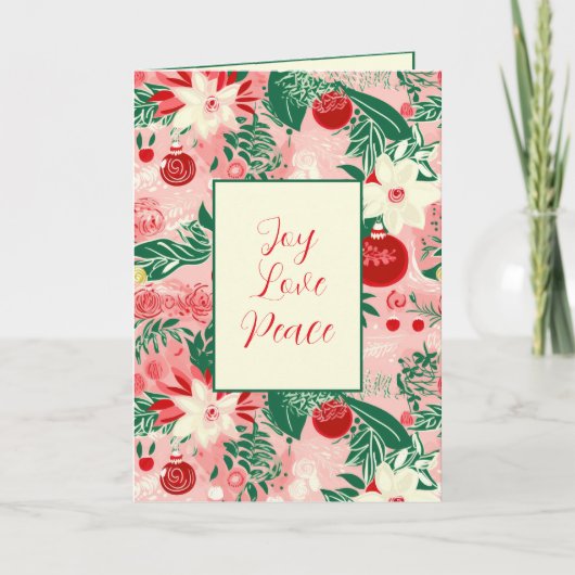 Joy Love Peace Roze Rood Bloemen Kerst Kaart (Voorkant)