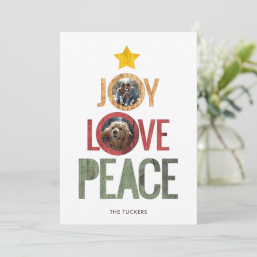 Joy Love Peace Rustic Fotokerstboom Feestdagenkaart (Staand voorkant)