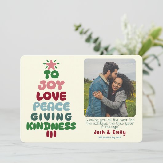 Joy Love Peace Tree Foto Feestdagenkaart (Staand voorkant)