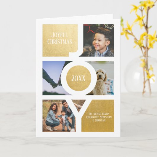 Joy Merry kerstfoto Persoonlijk Faux Gold Kaart (Gele Bloem)