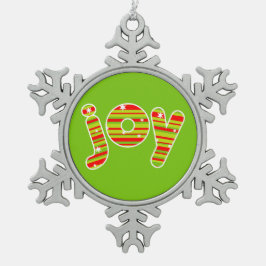 JOY met Kerstmis, rode en groene strepen Tin Sneeuwvlok Ornament