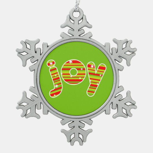 JOY met Kerstmis, rode en groene strepen Tin Sneeuwvlok Ornament (Voorkant)