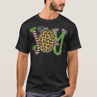 Joy met Leopard Candy Cane Kerstmis T-shirt