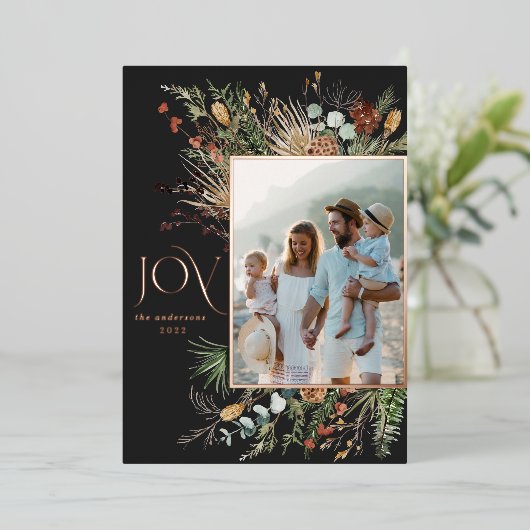 Joy modern 1 foto waterverf botanisch folie feestdagenkaart (Staand Voorkant)