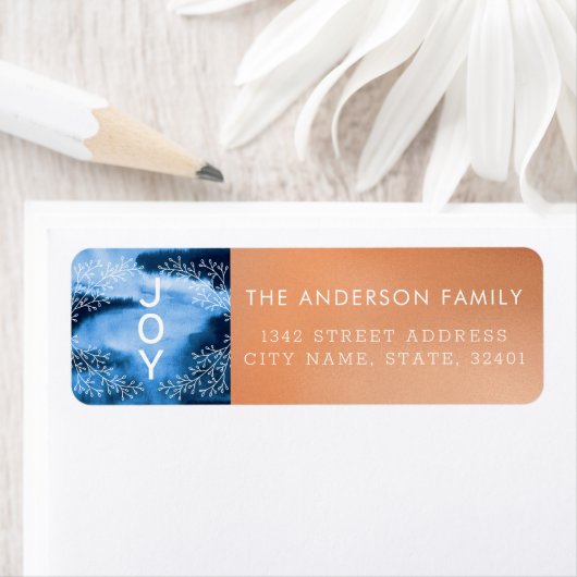 Joy | Modern blauw en koperfeestdag Etiket (Insitu)